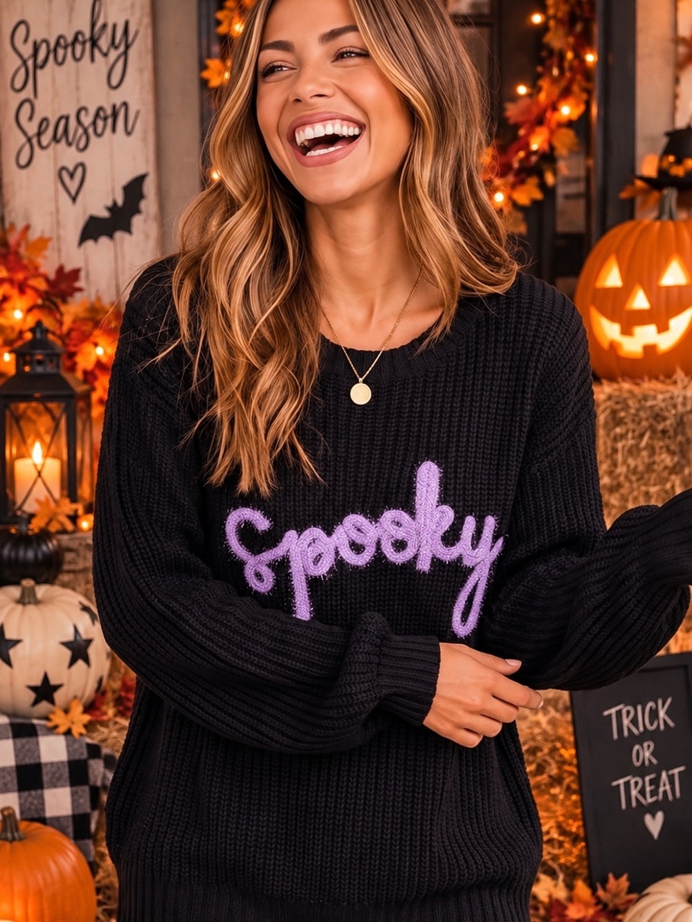 Black Crewneck Sweater with Lavender "Spooky" Script